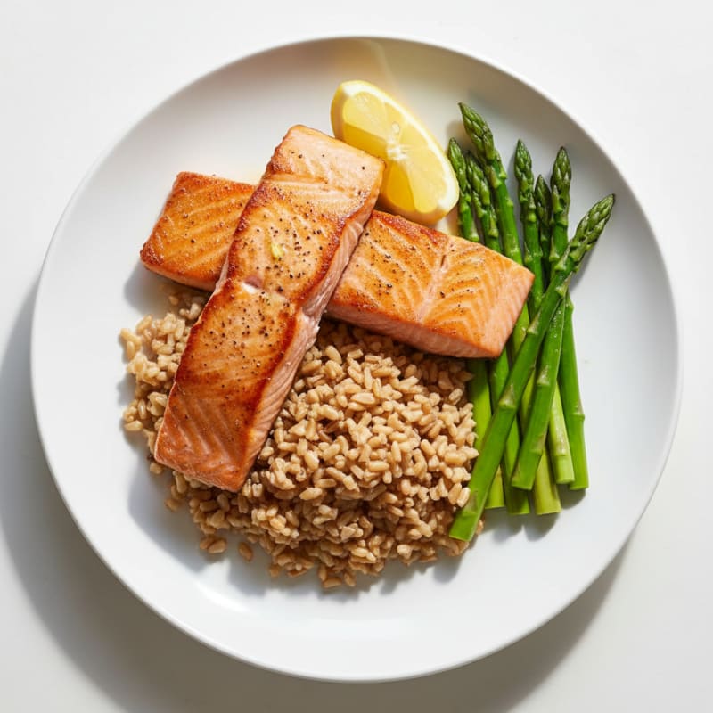 Seared Salmon with Steamed Asparagus and Brown Rice