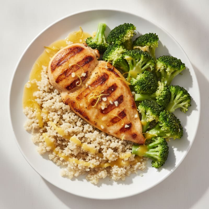 Grilled Lemon Garlic Chicken Breast with Quinoa and Steamed Broccoli