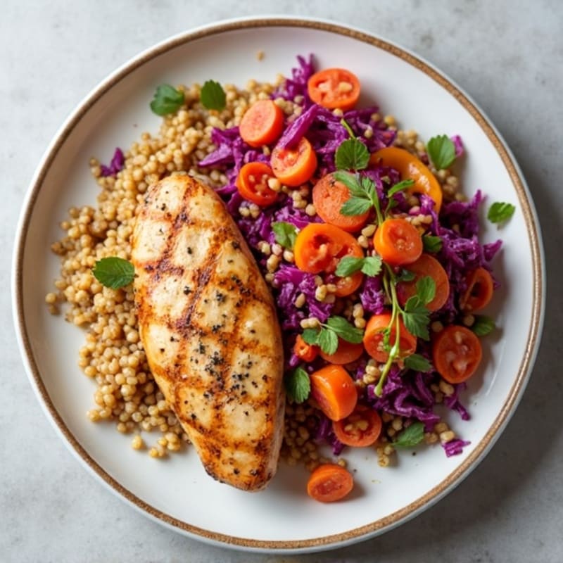 Grilled Chicken Breast with Crunchy Cabbage Slaw and Quinoa