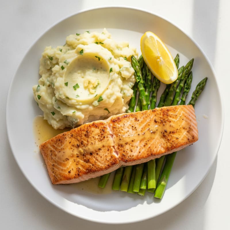 Seared Salmon with Steamed Asparagus and Garlic Mashed Potatoes