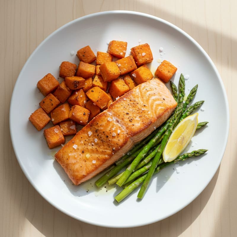 Seared Salmon Fillet with Roasted Sweet Potato and Asparagus