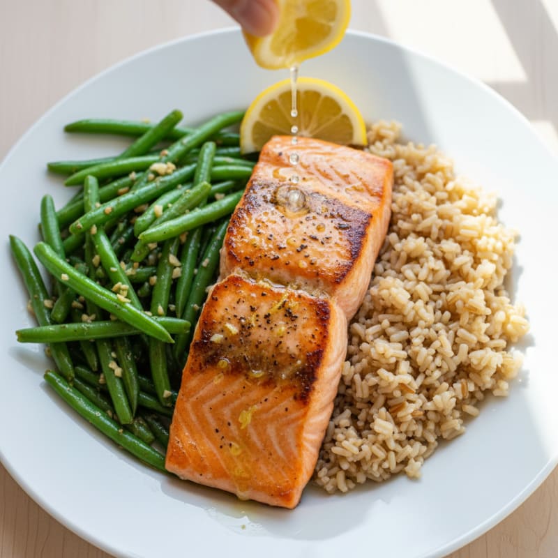 Seared Salmon Fillet with Garlic Green Beans and Brown Rice