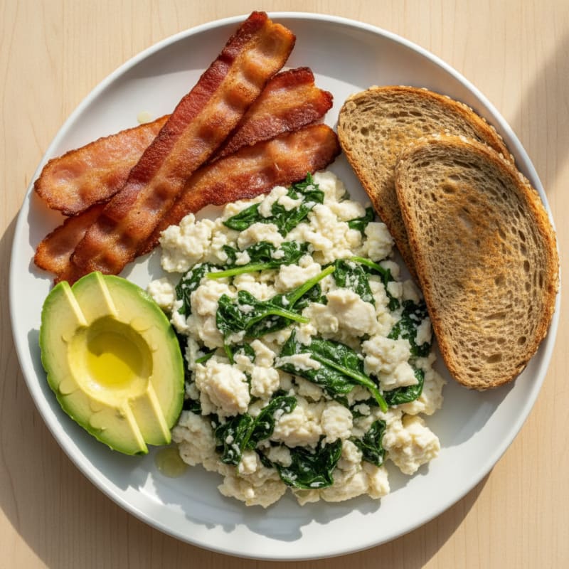 Crispy Turkey Bacon and Egg White Scramble with Sautéed Spinach