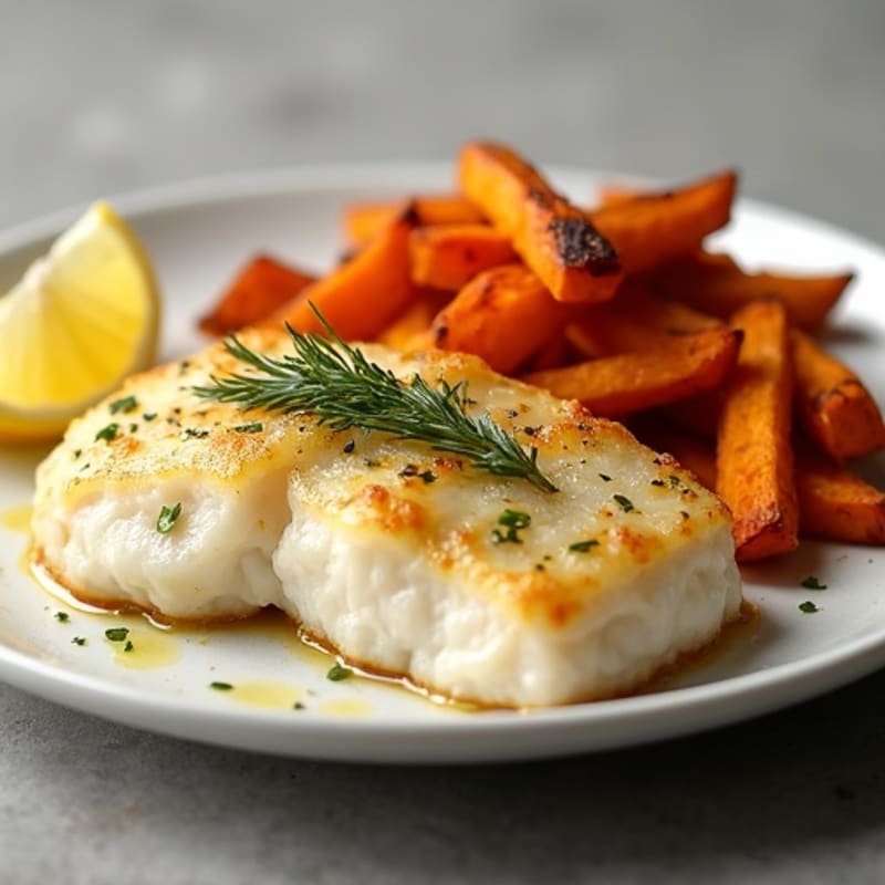 Crispy Baked Lemon-Herb Cod with Crispy Roasted Sweet Potato Fries