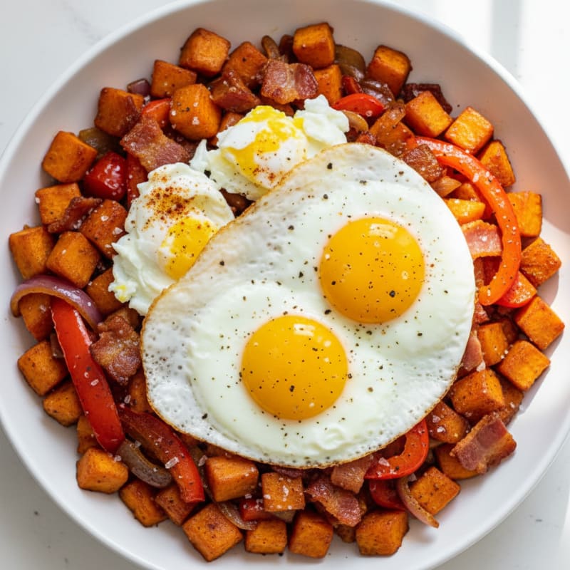 Crispy Maple-Glazed Bacon & Egg Hash