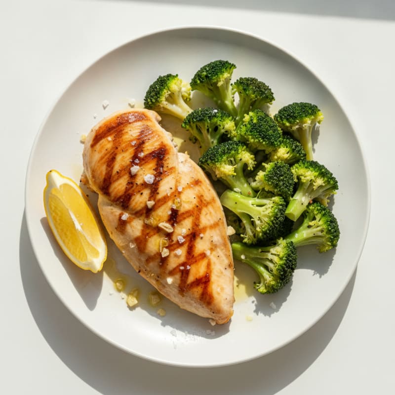 Grilled Chicken Breast with Steamed Broccoli and Lemon