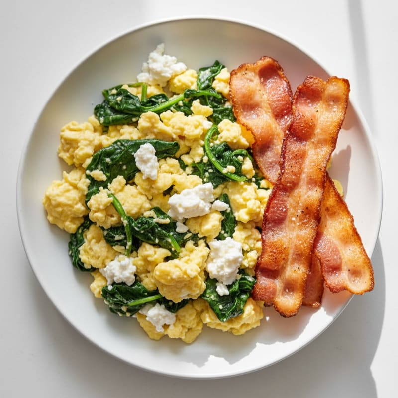Cottage Cheese Egg Scramble with Spinach and Turkey Bacon