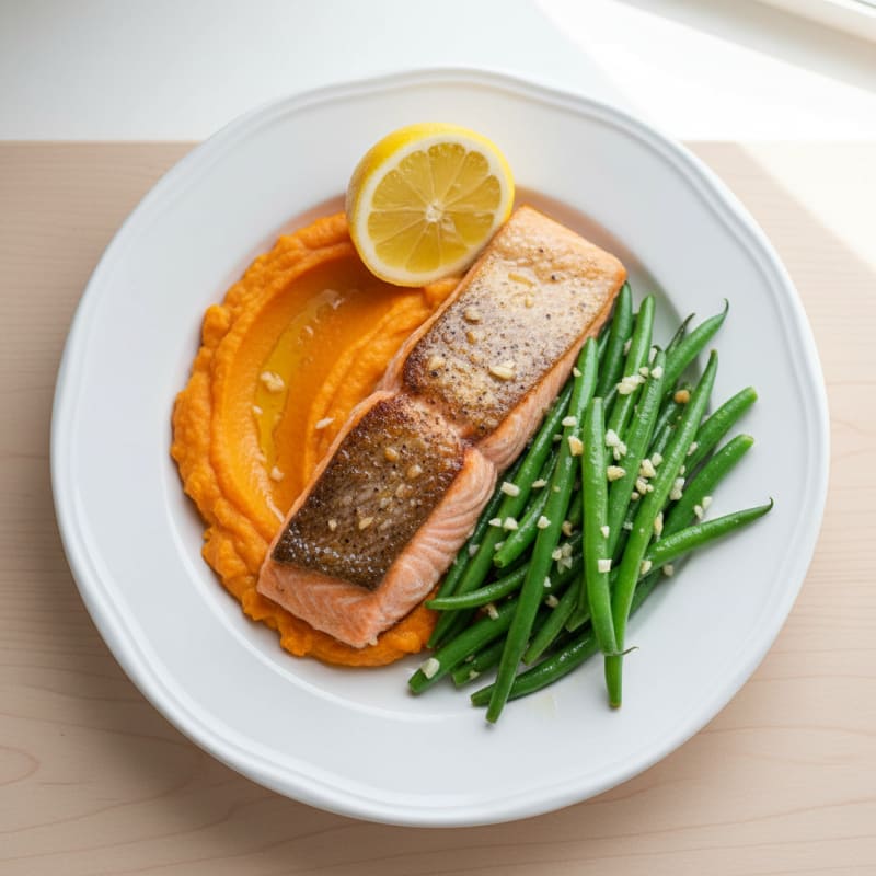 Seared Salmon with Garlic Green Beans and Sweet Potato Mash