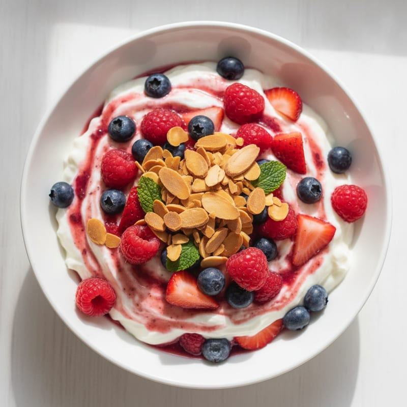 Greek Yogurt Protein Parfait with Mixed Berries and Almonds