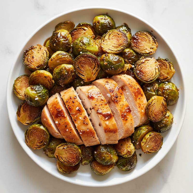 Crispy Balsamic-Glazed Brussels Sprouts with Roasted Chicken