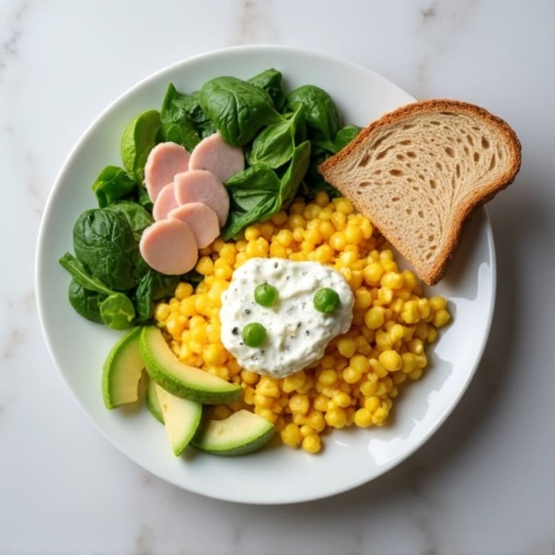 Egg White and Spinach Scramble with Cottage Cheese and Sliced Turkey