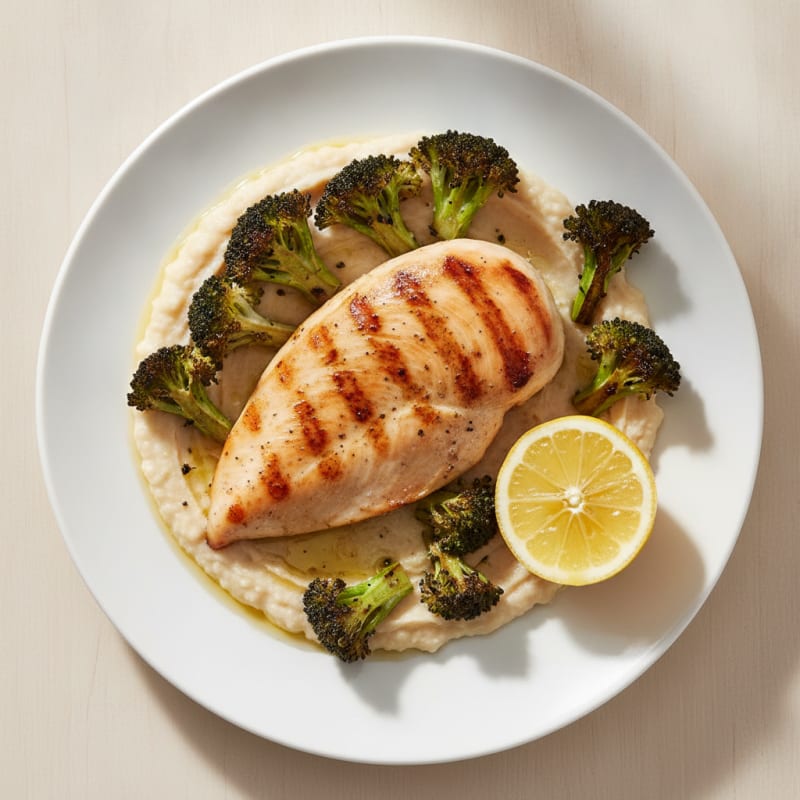 Grilled Chicken Breast with Creamy White Bean Mash and Roasted Broccoli