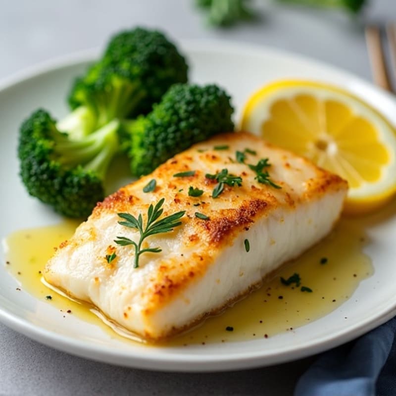 Seared Cod Fillet with Steamed Broccoli and Lemon