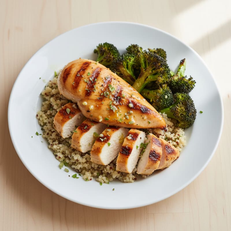 Grilled Lemon Herb Chicken Breast with Quinoa and Roasted Broccoli