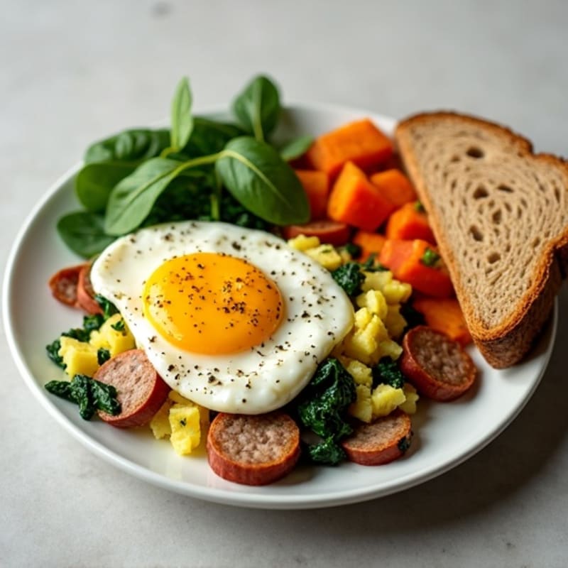 Egg White and Turkey Sausage Scramble with Spinach and Roasted Sweet Potato