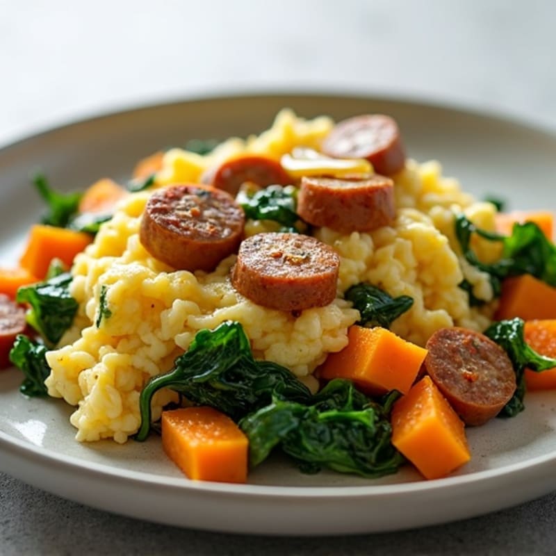 Egg White and Turkey Sausage Scramble with Sautéed Spinach and Sweet Potato