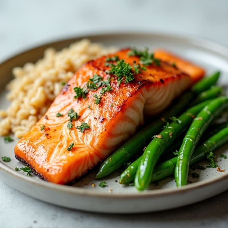 Seared Salmon with Garlic Green Beans and Brown Rice