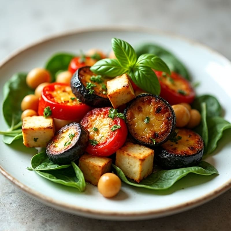 Roasted Eggplant, Zucchini, and Bell Pepper Medley with Fresh Herbs and Tofu-Chickpea Boost