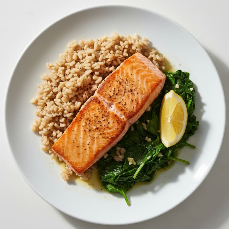 Seared Salmon with Garlic Spinach and Brown Rice