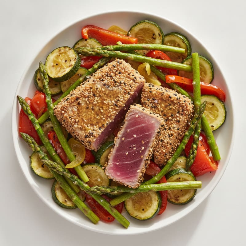 Sesame-Crusted Seared Tuna with Lemon Roasted Vegetables
