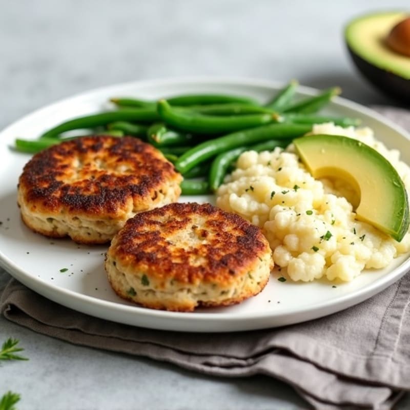 Seared Turkey Patties with Steamed Green Beans and Mashed Cauliflower