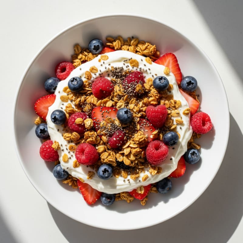Greek Yogurt Parfait with Crunchy Almond Granola and Mixed Berries