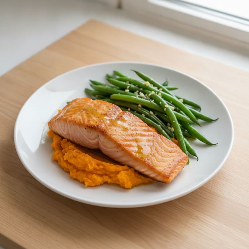 Seared Salmon Fillet with Garlic Green Beans and Sweet Potato Mash