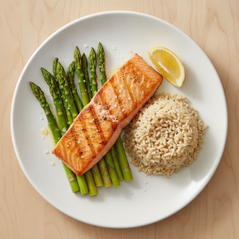 Seared Salmon with Steamed Asparagus and Brown Rice