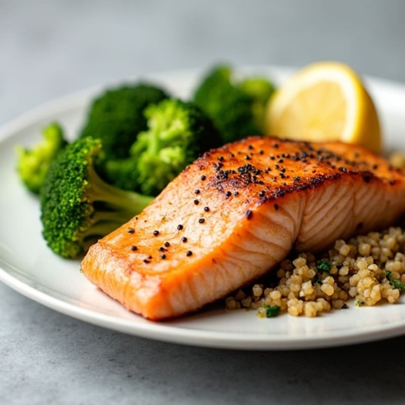Seared Salmon with Steamed Broccoli and Quinoa