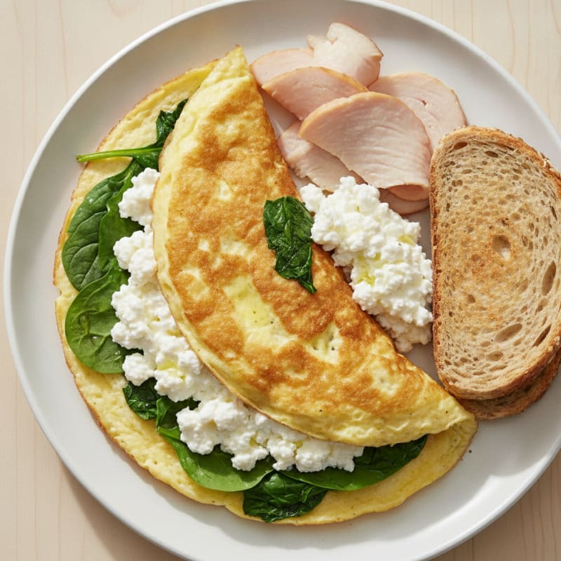 Egg White Spinach Omelette with Cottage Cheese and Sliced Turkey