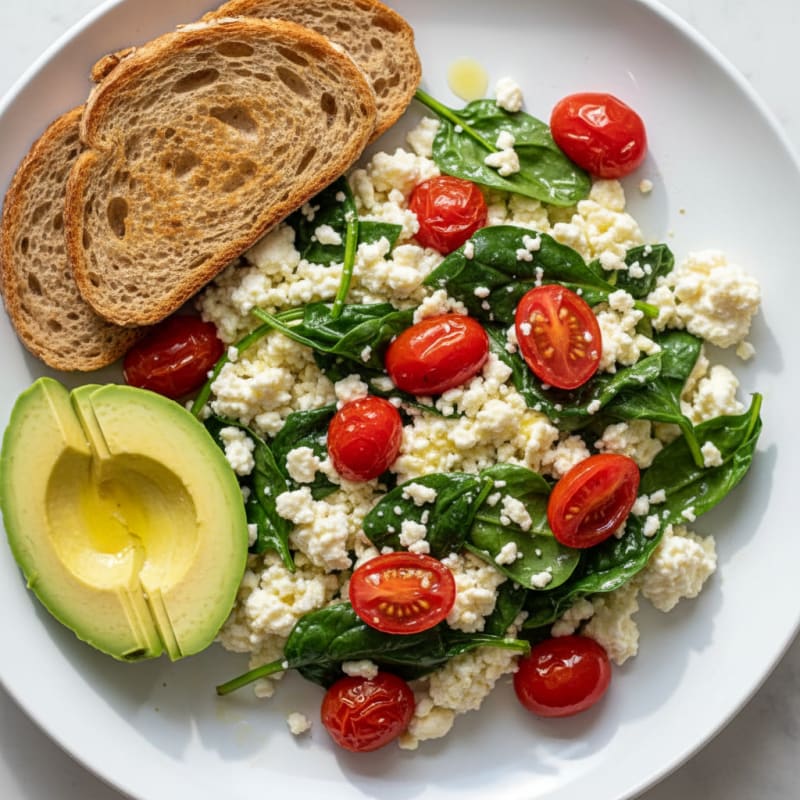 Cottage Cheese Egg White Scramble with Spinach and Cherry Tomatoes