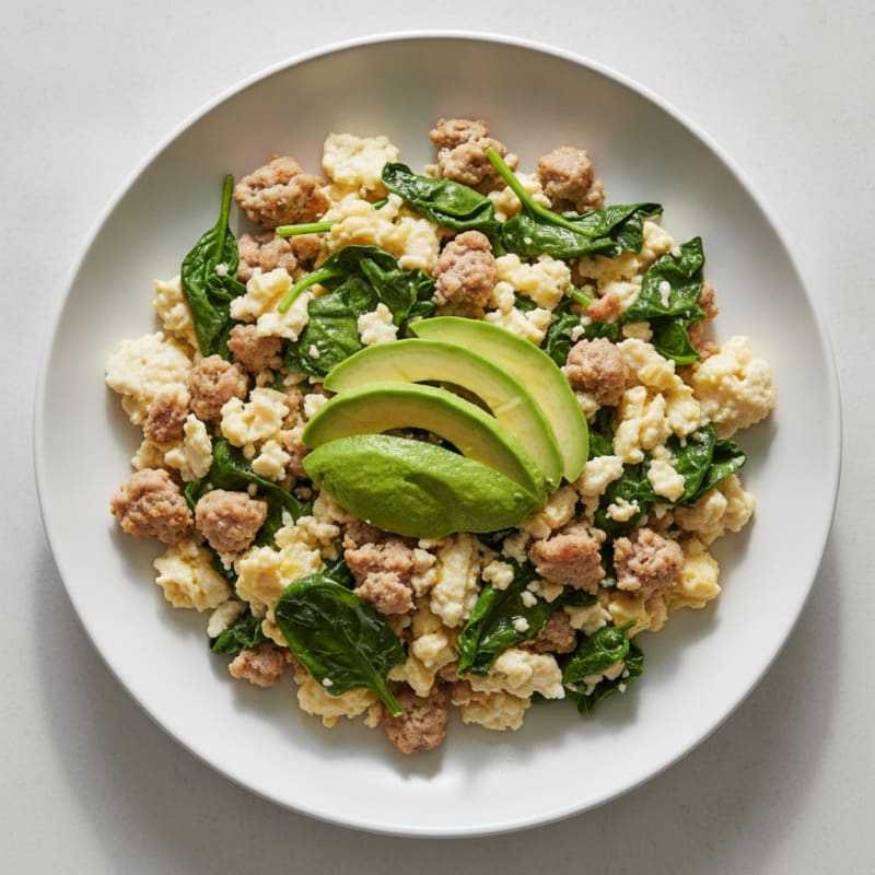 Egg White Scramble with Turkey Sausage and Sautéed Spinach