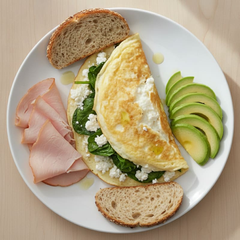 Egg White Spinach Omelette with Cottage Cheese and Sliced Turkey