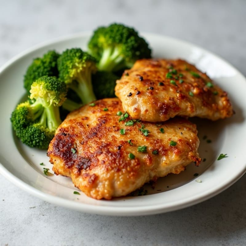 Crispy Pan-Seared Chicken Thighs with Garlicky Roasted Broccoli