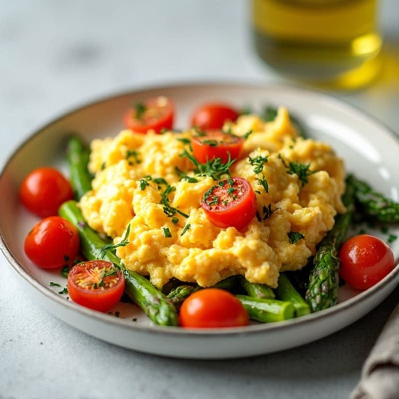 Fluffy Scrambled Eggs with Roasted Asparagus and Cherry Tomatoes