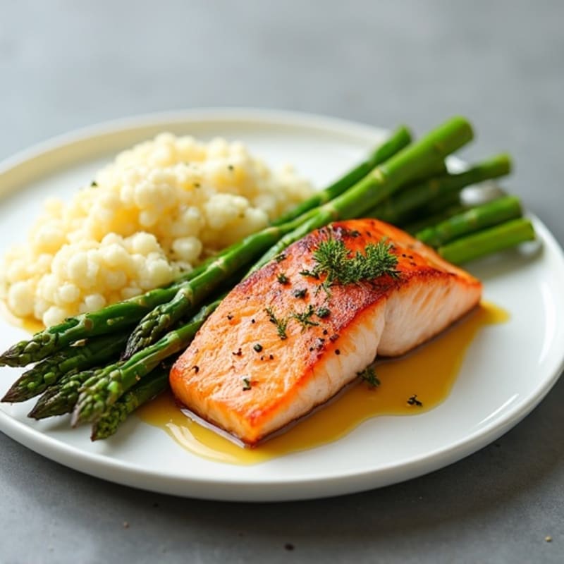 Seared Salmon with Steamed Asparagus and Cauliflower Mash