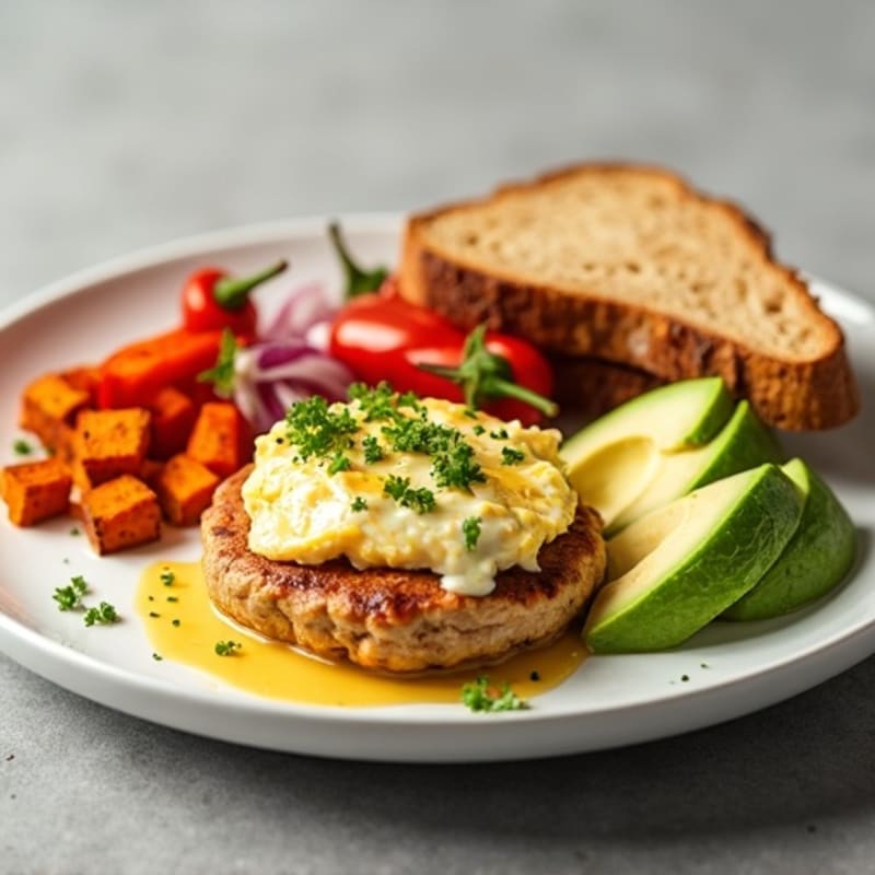 Egg White and Turkey Sausage Scramble with Roasted Sweet Potatoes