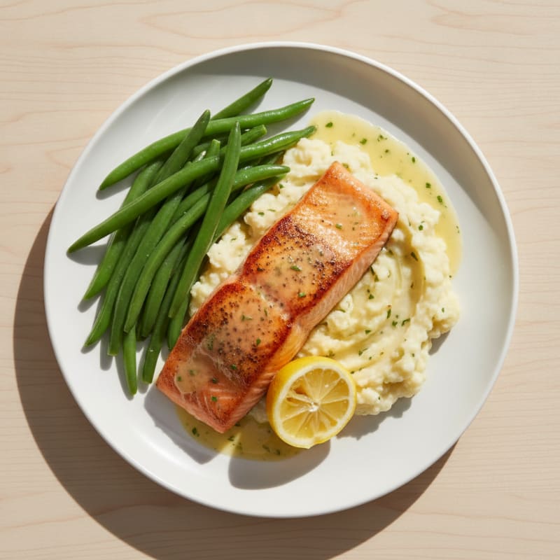 Seared Salmon with Steamed Green Beans and Garlic Mashed Cauliflower
