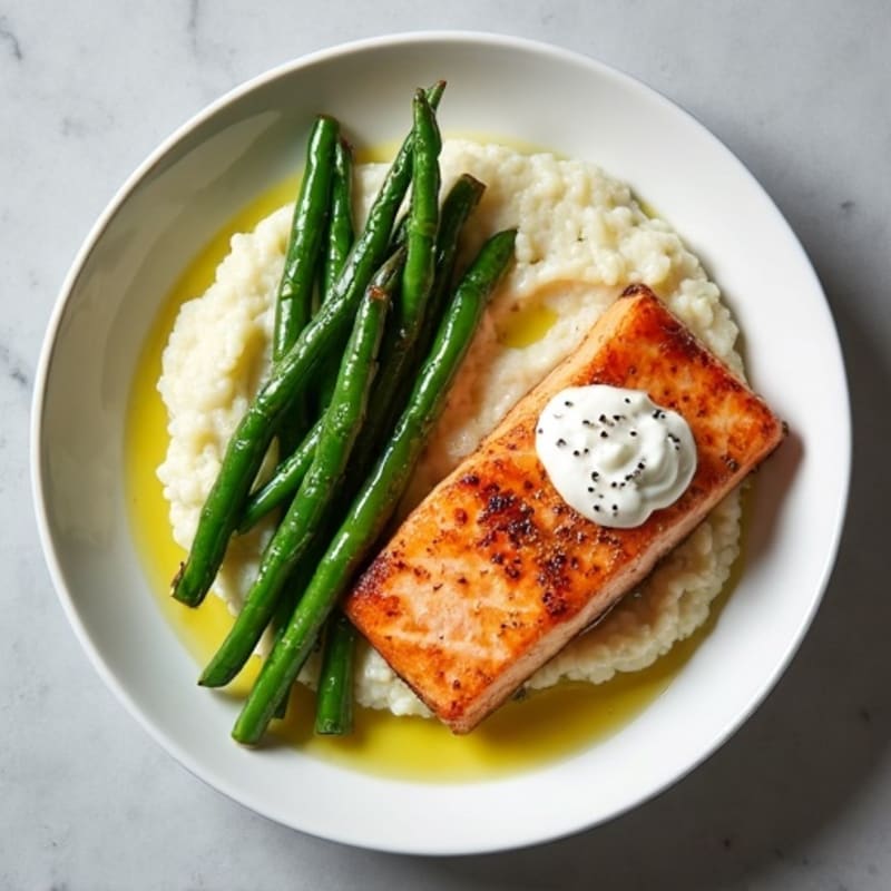 Seared Salmon with Steamed Green Beans and Cauliflower Mash