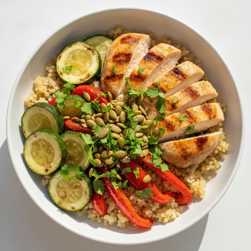 Grilled Chicken and Veggie Bowl with Quinoa and Fresh Herbs