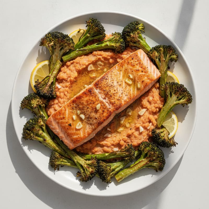 Seared Salmon with Roasted Broccoli and Lentil Mash
