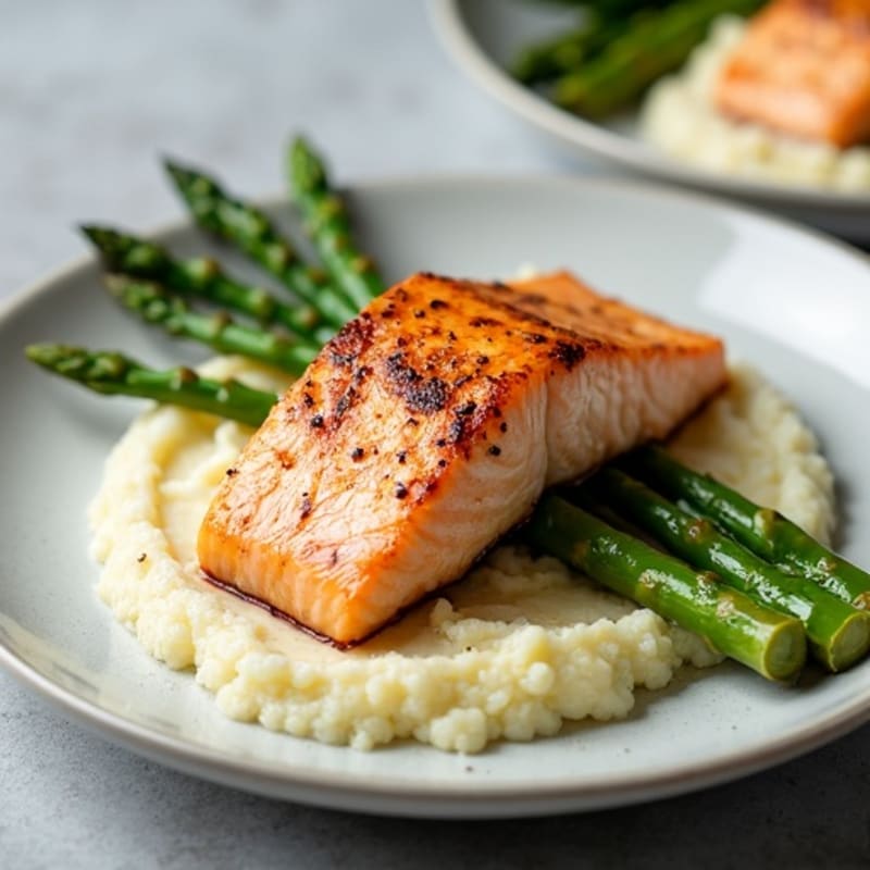Seared Salmon Fillet with Steamed Asparagus and Cauliflower Mash