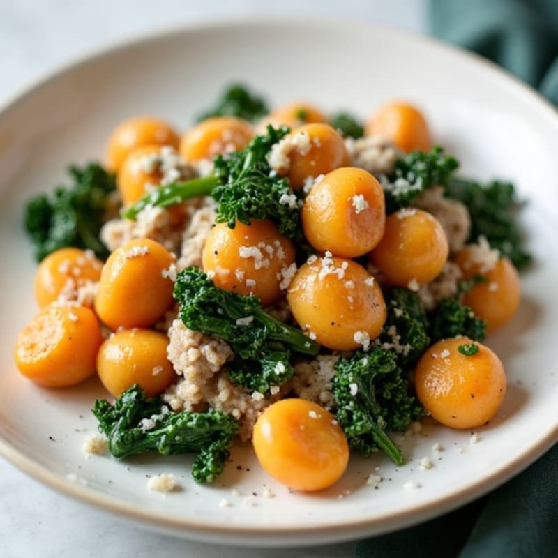 Creamy Sweet Potato Gnocchi with Lean Ground Turkey and Sautéed Kale