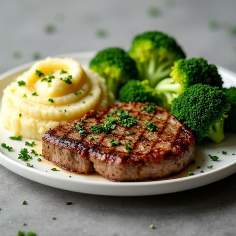 Seared Steak with Garlic Herb Mashed Potatoes and Steamed Broccoli