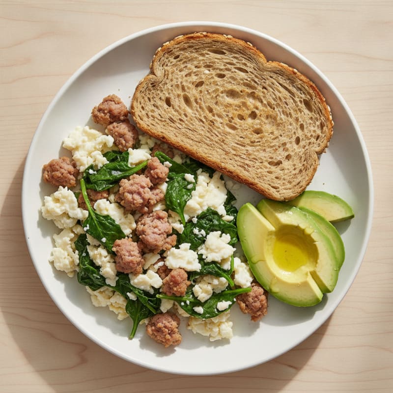 Scrambled Egg Whites with Sautéed Spinach and Turkey Sausage