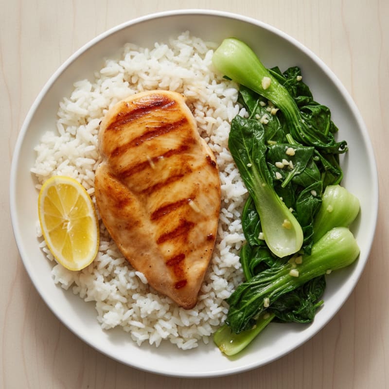 Seared Chicken Breast with Steamed Rice and Sautéed Greens