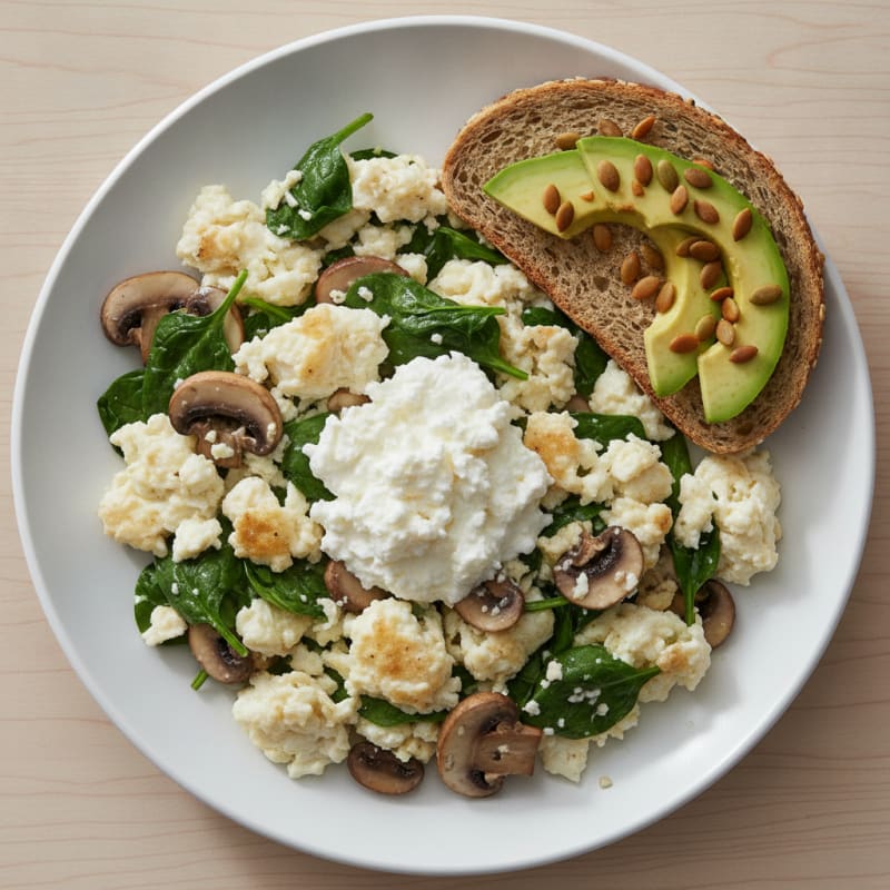 Spinach and Mushroom Egg White Scramble with Cottage Cheese