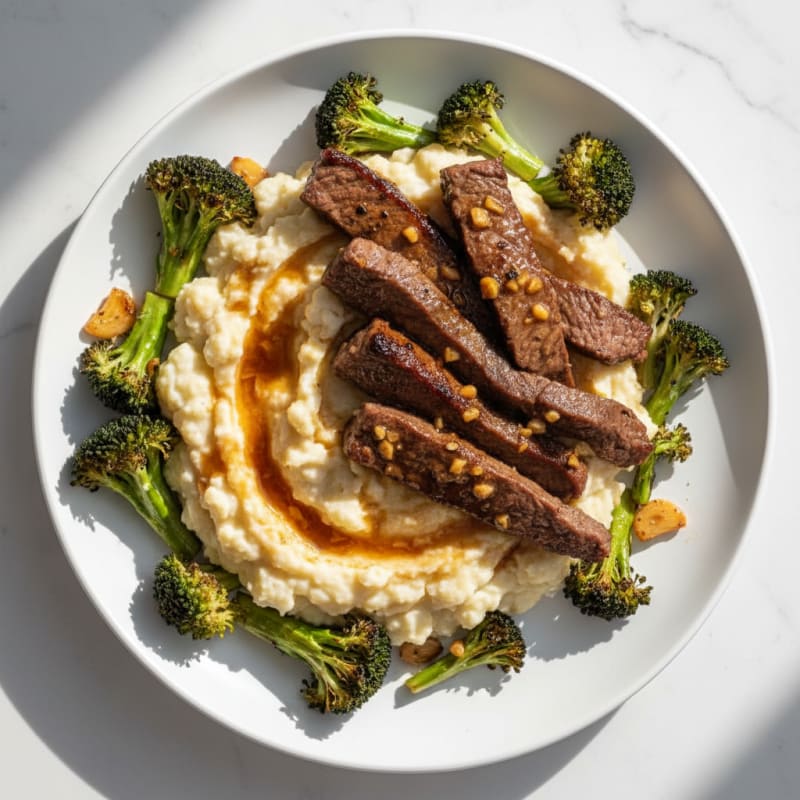 Seared Lean Beef Strips with Roasted Broccoli and Garlic Mash