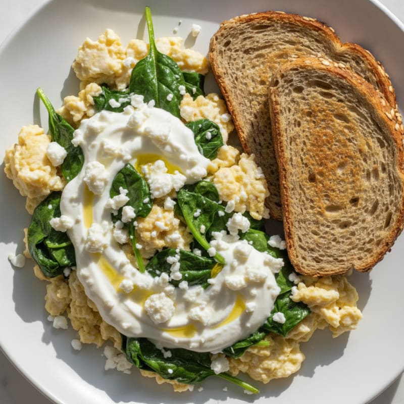 Greek Yogurt and Egg White Scramble with Sautéed Spinach