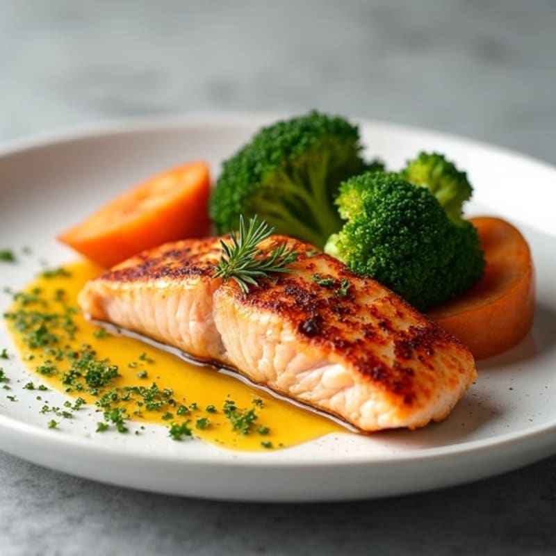 Seared Salmon with Roasted Broccoli and Sweet Potato